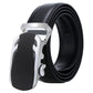 Black leather automatic buckle belt with silver-tone buckle and textured keeper