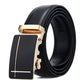 Men's black leather belt with gold-toned automatic buckle and cross-style bar detail