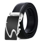 Men’s automatic buckle belt with black leather strap and silver-tone wavy buckle