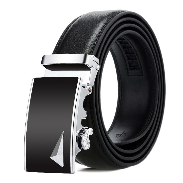 Men's black leather belt with automatic buckle, brushed silver metal plate.