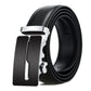Men's black leather belt with automatic buckle, silver-tone metal clasp.