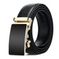 Men's black leather belt with automatic buckle, gold-tone metal clasp.
