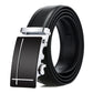 Men's black leather belt with automatic buckle, silver-tone plate with plus detail.