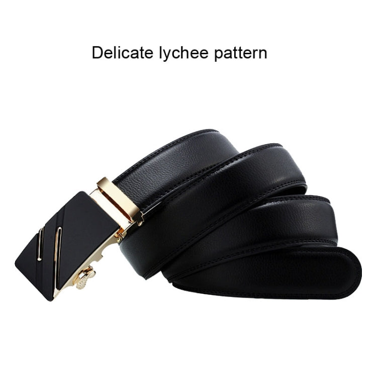 Men's black leather automatic buckle belt with gold-tone buckle and embossed texture