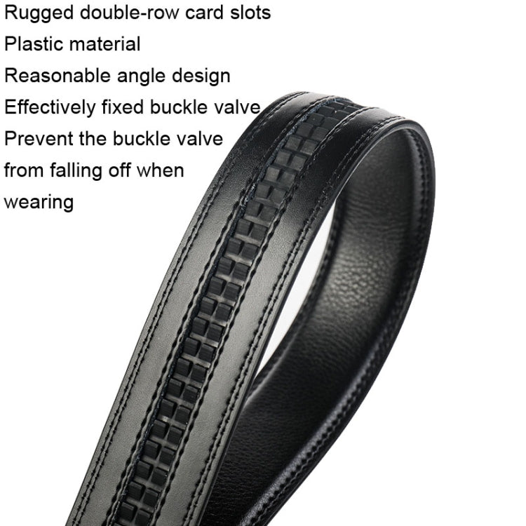 Black leather belt showing double-row card slots and fixed buckle channel
