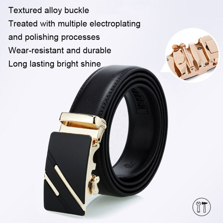 Black leather belt with textured gold-tone alloy buckle and end panel detail