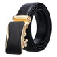 Men's black leather automatic buckle belt with gold-tone rectangular buckle, angled.