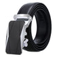 Men's black leather automatic buckle belt with silver-tone rectangular buckle, angled.