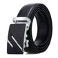 Black leather automatic buckle belt with silver-tone angular buckle and diagonal stripe