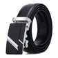 Black leather automatic buckle belt with silver-tone angular buckle and diagonal stripe