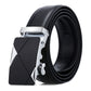 Black leather automatic buckle belt with silver-tone geometric buckle front