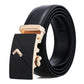 Men's automatic buckle leather belt with gold-tone buckle and black front panel, black strap