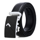 Men's automatic buckle leather belt with chrome buckle and black front panel, black strap