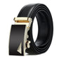 Men's automatic buckle belt with black leather and gold-tone triangular buckle