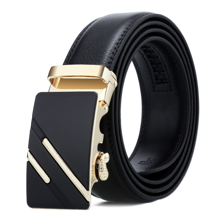 Men's black leather belt with gold automatic buckle and geometric panel design