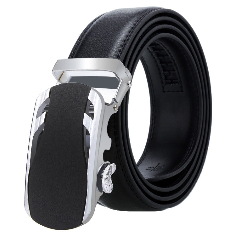 Men's black leather automatic buckle belt with silver-tone angular buckle