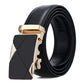 Men's black leather belt with gold automatic buckle and diagonal stitched panel
