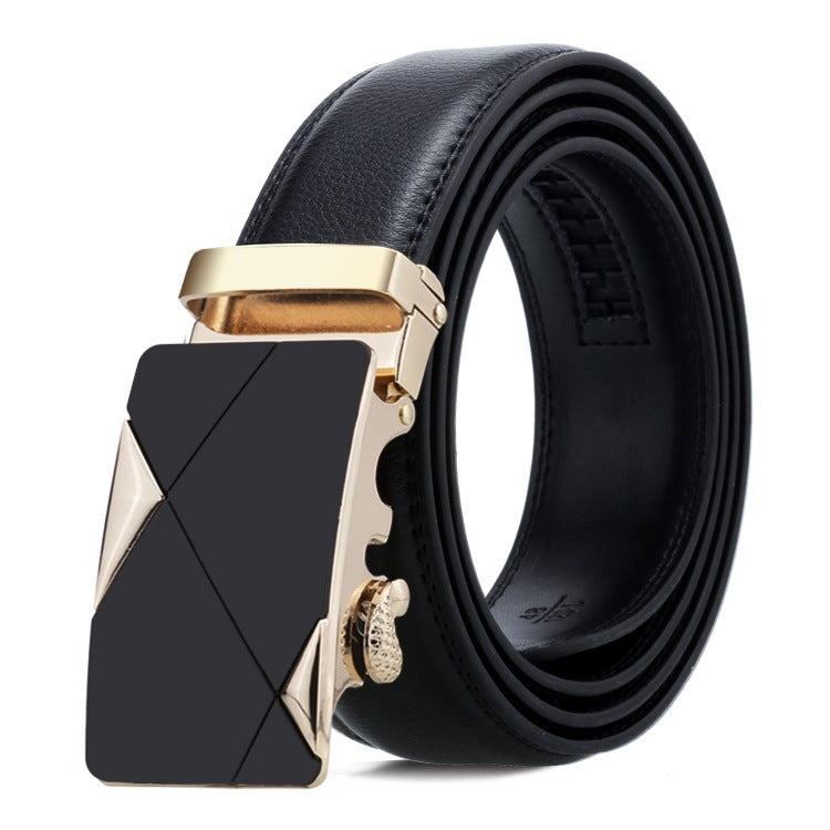 Men's black leather belt with gold automatic buckle and diagonal stitched panel