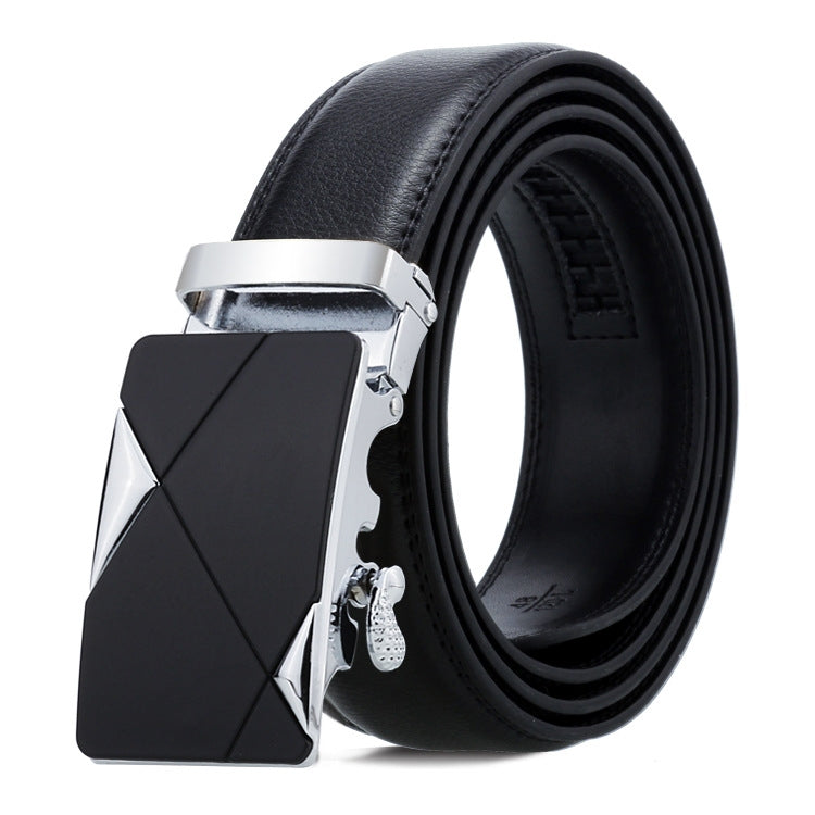 Men's black leather belt with silver automatic buckle and diagonal stitched panel