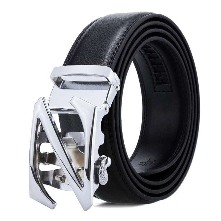 Men's black leather belt with chrome automatic buckle and bold angular frame