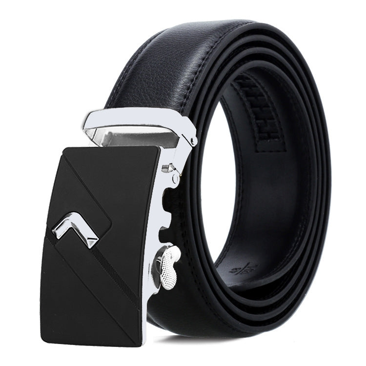 Men's automatic buckle belt, black leather strap with silver buckle and crest detail