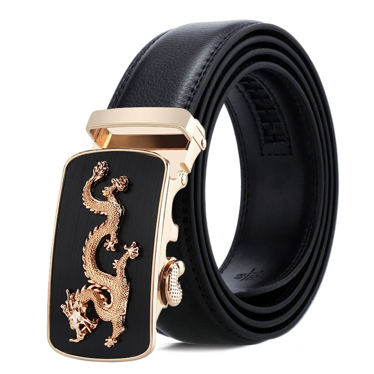 Men's automatic buckle belt, black leather strap with gold buckle and dragon graphic