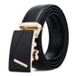 Men's automatic buckle belt, black leather strap with gold buckle and textured side grip