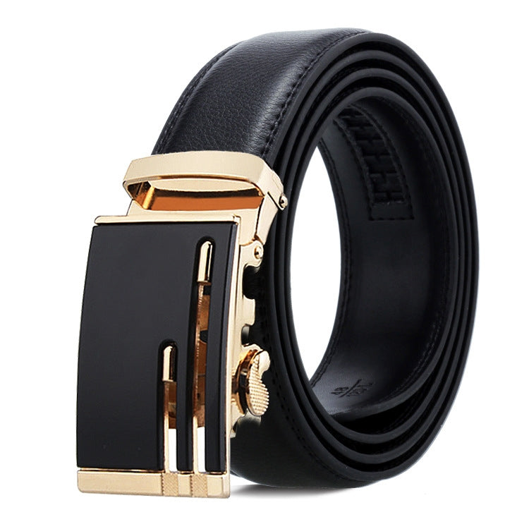 Men's automatic buckle belt, black leather strap with gold buckle and vertical bar design