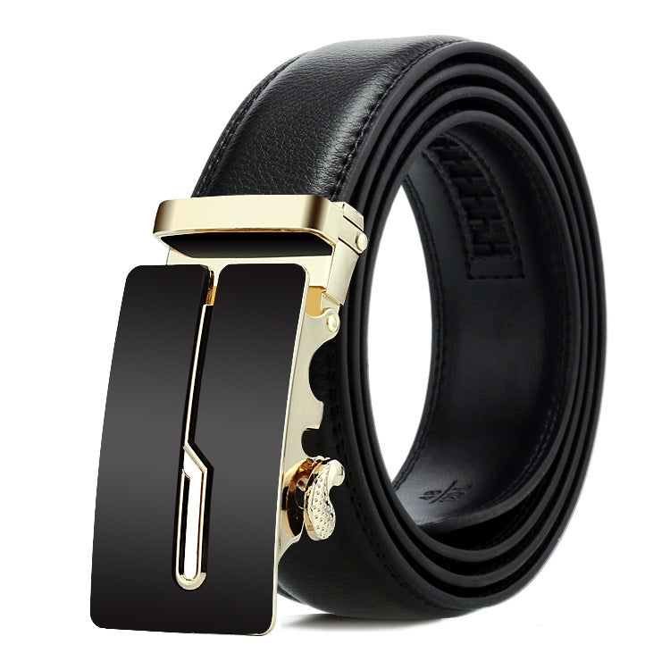 Men’s leather automatic buckle belt with gold rectangular buckle and black inset