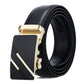 Men's black leather automatic buckle belt with gold-tone angular buckle