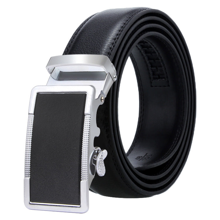 Men's black leather belt with silver automatic buckle and textured keeper plate