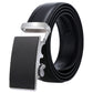 Men's black leather belt with silver automatic buckle and belt-hole keeper