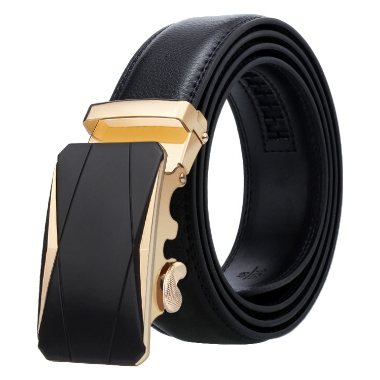 Men's black leather belt with gold automatic buckle and textured keeper plate