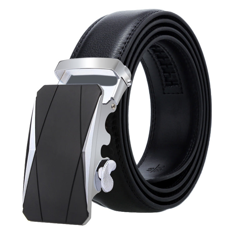 Men's black leather belt with silver automatic buckle and textured keeper plate