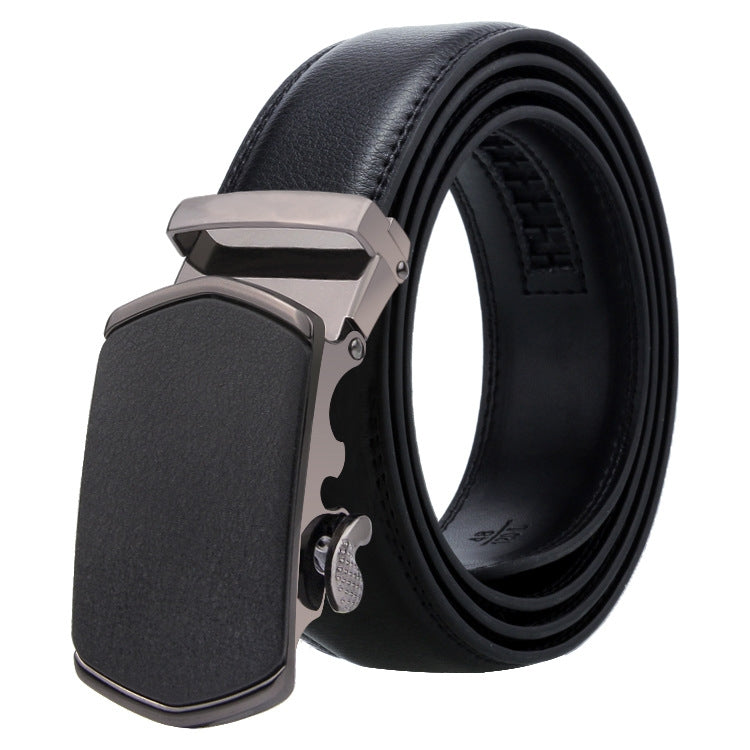 Men's black leather belt with dark metallic automatic buckle and belt-hole keeper