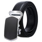 Men's black leather belt with silver automatic buckle and textured keeper plate