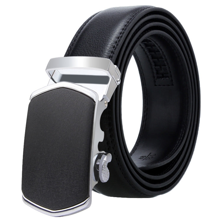 Men's black leather belt with silver automatic buckle and textured keeper plate