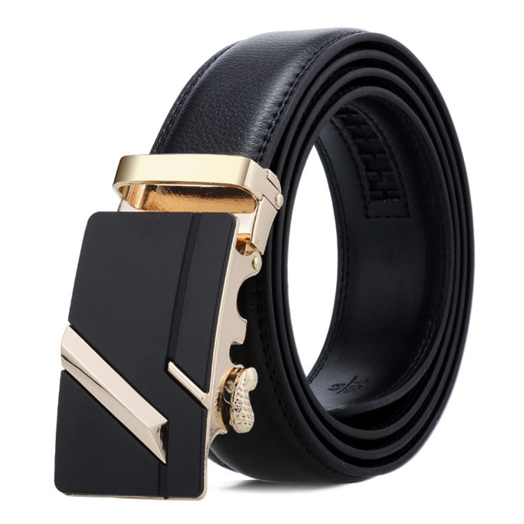 Men's black leather automatic buckle belt with gold-tone angular buckle