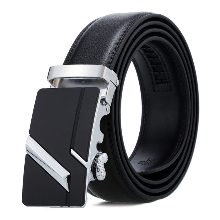 Men's black leather automatic buckle belt with silver-tone angular buckle