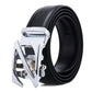 Black leather belt with silver automatic buckle and textured center detail