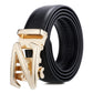 Black leather belt with gold automatic buckle and textured pull tab