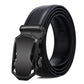 Black leather belt with matte black automatic buckle and textured side grip