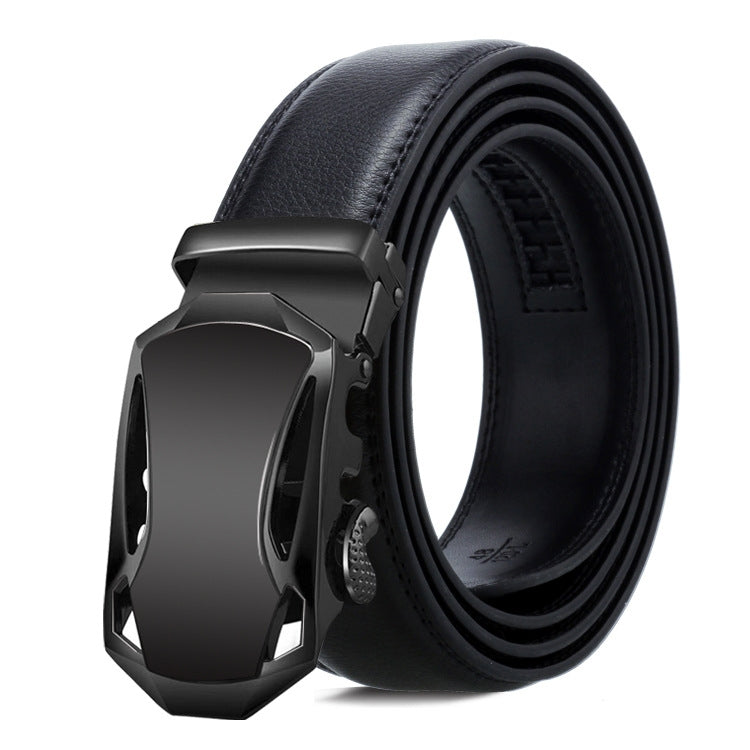 Black leather belt with matte black automatic buckle and textured side grip