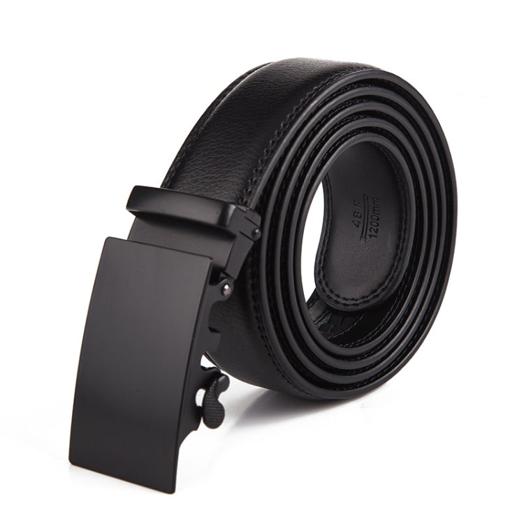 Black leather belt with black automatic buckle and engraved oval pull detail
