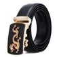 Black leather belt with gold automatic buckle and dragon graphic on black plate