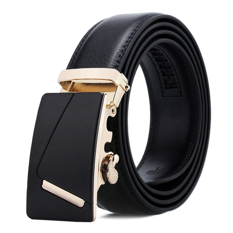 Black leather belt with gold automatic buckle and black panel with diagonal line