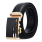 Black leather belt with gold automatic buckle with vertical bar detail