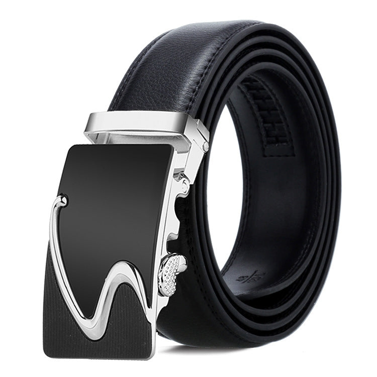 Mens black leather belt with silver automatic buckle, glossy center plate design