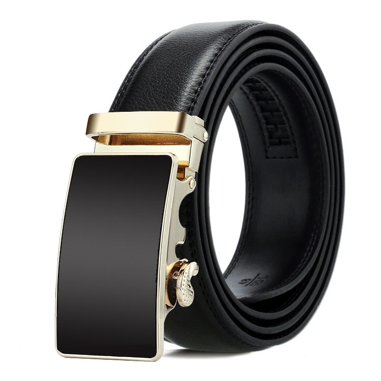 Mens black leather belt with gold automatic buckle, rectangular face with angled motif