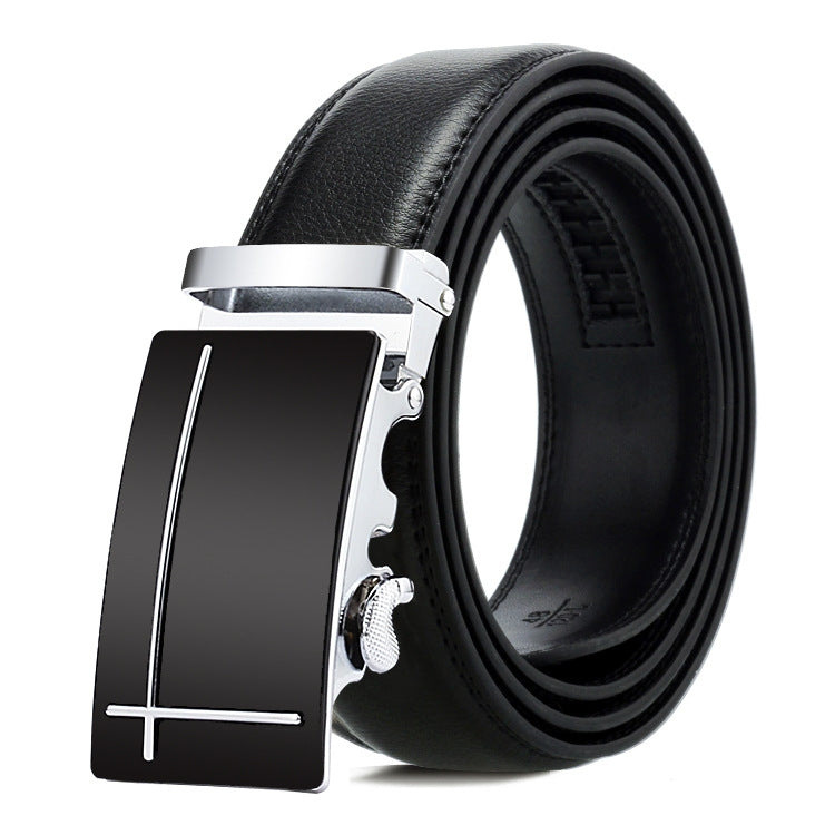 Mens black leather belt with silver automatic buckle, plus-sign center plate